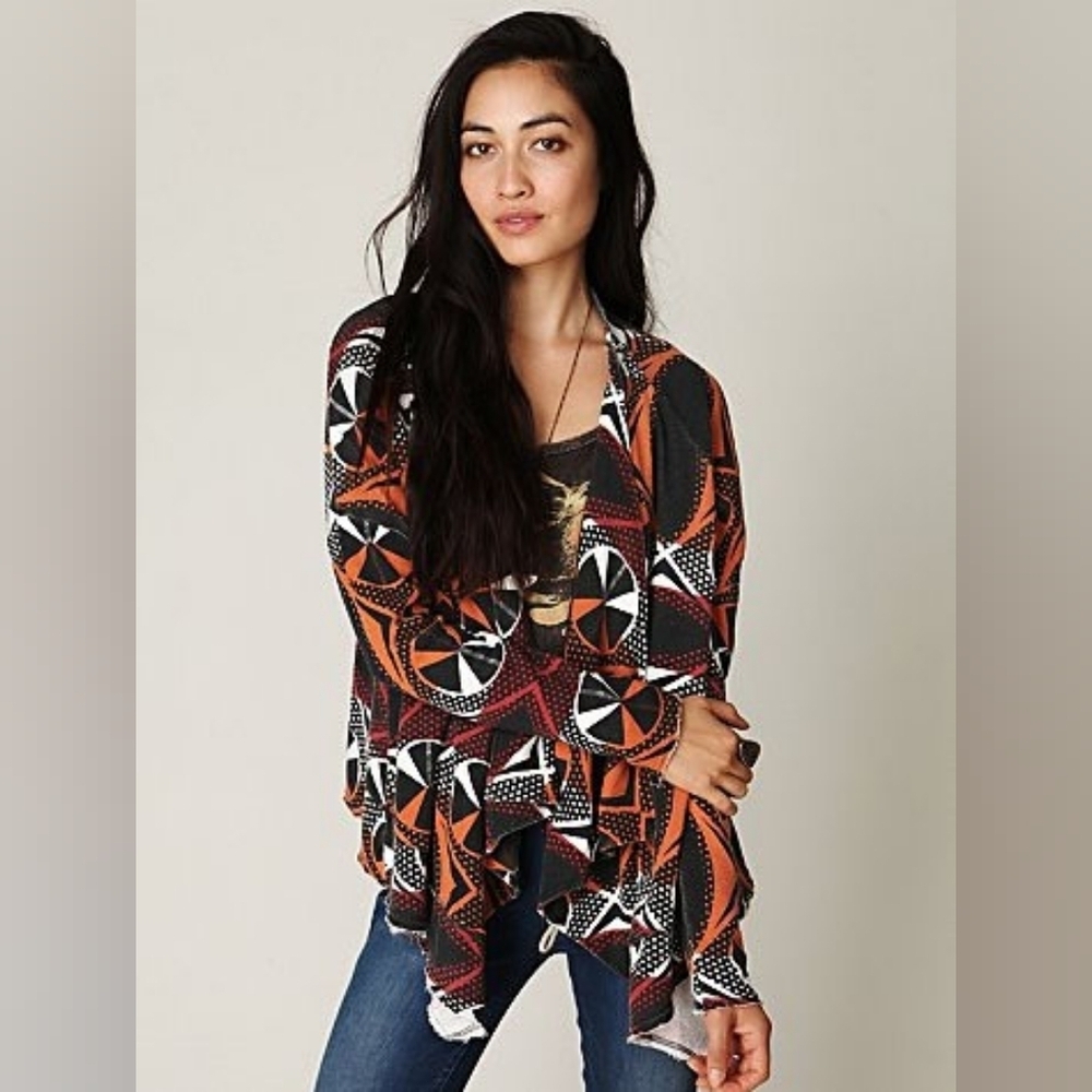 Free People Tribal Urban French Terry Button Waterfall Cardigan in Rust (S)